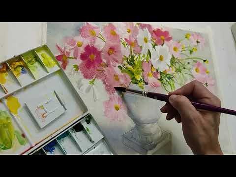 小野月世水彩画デモンストレーション「秋桜」（3分38秒）
