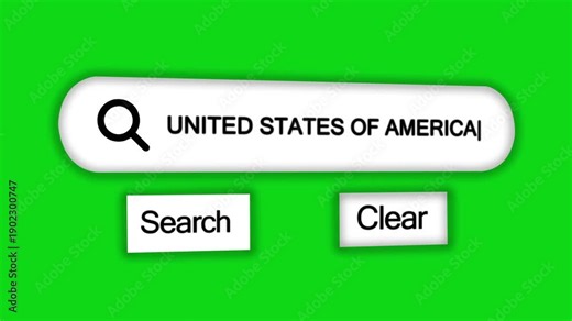 A digital search bar interface the text United States of America with a magnifying glass and search and clear buttons against a bright green background