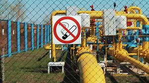 no smoking. Gas station. Purification and storage of non-fuel and natural gas. Industrial enterprise. pumping station. Pipeline under pressure. A manometer and a check valve. Stock Video