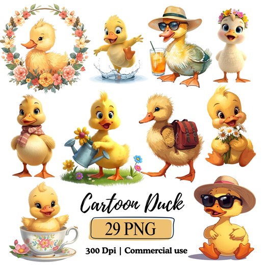 Duck Clipart Watercolor Rubber Duck Png Bundle, Cartoon Duck Illustrations Yellow Duck Floral Animals Graphics Nursery Decor Baby Shower Png - Etsy