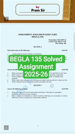 BEGLA 135 Solved Assignment 2025-26 in english | Begla 135 Assignment 2025-26 | #shorts #viral