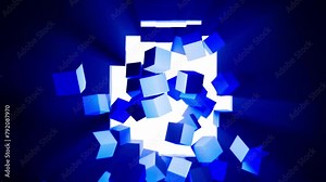 Simple transition effect between clips. Cube wall falling crumbling down making a hole for camera to fly through to reveal background. Vfx special effect, social media, ads or movies. Blue light rays