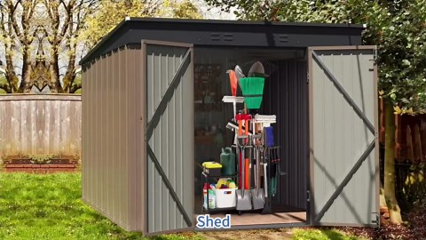 Garden Tool Organizer with 2-Tier Steel Shelves, Holds 50 Long-Handled Tools/Rakes/Brooms/Shovles for Garage Organization and Storage, Shed, Outdoor, Lawn, Heavy-Duty Steel, Black, Easy Assembly