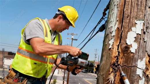 Urban utility pole repair with a technician using specialized equipment to assess and fix cracks and infestations on aged wooden poles.