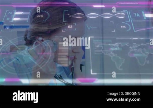 Dr using stethoscope, responding to prompt, assessing peer while medical HUD overlaying DNA helix Stock Video Footage - Alamy