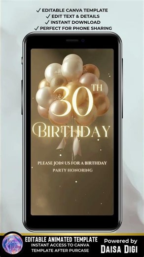 Gold Beige 30th Birthday Invitation Video | Elegant Canva Animated Invite
