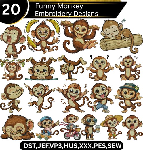 Funny Monkey Embroidery Design Bundle | Cute Cartoon Monkey Machine Embroidery Patterns | Playful Animal Stitch Set - Etsy
