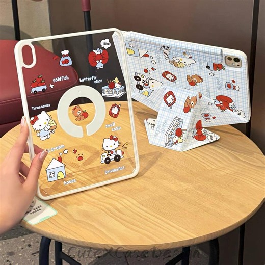 iPad Air 8 Magnetic Floating Stand Case, Blue Plaid Hello Kitty iPad Case With Pen Slot, iPad Air / Mini 7 / Pro 11 / 10th Gen