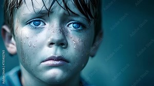 A young boy with tears streaming down his face and a look of frustration and helplessness in his eyes, Young Boy With Blue Eyes Crying