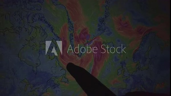 Animated weather map showing Atlantic wind patterns. Camera is static, focusing on a detailed wind flow visualization.