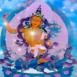 #Bodhisattva #Manjushri who is representative of wisdom. His mantra is also symbolic of the wisdom that Manjushri offers. Illustrations and statues of Manjushri depict him clutching a flaming sword in his right hand, held above his head; this is symbolic of his ability to use wisdom in order to cut through any types of delusion and suffering that sentient beings might be struggling with. In his left hand, held at the height of his heart, he is holding the stem of the lotus. The lotus contains a 