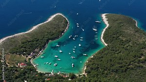 Beautiful Beach Palmizana on Paklinski Islands near City of Hvar in Croatia, Aerial Panoramic View with Yachts and Sailboats on the Tirkiz Blue Sea