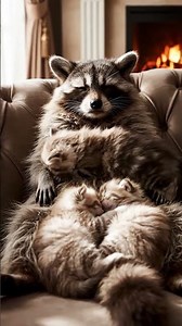 Patient Raccoon Babysits Sleeping Kittens 🦝💤 (Cuteness Overload)