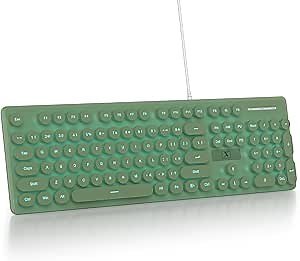 Quiet Keyboard Wired Membrane Keyboard Green, Full Size 104 Keys Typewriter Key Board with Number Pad, Blue LED Backlit, Round Keycaps, Cute Computer Keyboards (Dark Green)