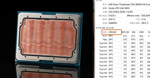AMD Threadripper PRO 9995WX mod: custom IHS as waterblock, keeps CPU under 50W at 1550W power