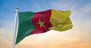 Flag of Cameroon realistic waving in the wind with sundown background (Perfect Loop)