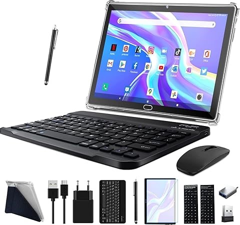 2026 Neueste Tablet 10 Zoll,3-in-1 Android Tablet Mit Tastatur Maus Stift, 4G LTE Tablets Mit 2 SIM 1 SD,64GB ROM 512GB TF-Octa-Core | 1080P FHD | 13MP | 6000mAh | Bluetooth | WLAN GPS Typ C-Schwarz
