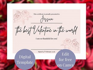 Best Valentine in the World Certificate Editable Printable Poster Template Gift Award Sign - Etsy Australia