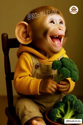 baby monkey eating broccoli 🥦
