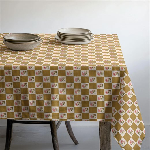 Mustard Yellow Floral Checkered Tablecloth, Vintage Gingham Flower Table Cover - Etsy