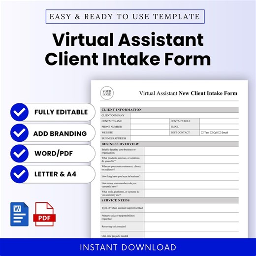Virtual Assistant Client Intake Form Template – Word & PDF, A4 + US Letter - Etsy