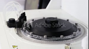 Close-up automated blood tests robotic machine, medical equipment. Modern clinical diagnostic laboratory tools work in hospital. Concept of health, medicine. Stock Video