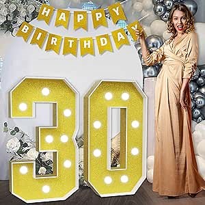 imprsv Marquee Numbers Gold 30th-Birthday Decorations: Large 3ft Light Up Number 30 Birthday Decoration for Women Men Thirty Year Old Anniversary Decor Party Backdrop Big Mosaic Number 30