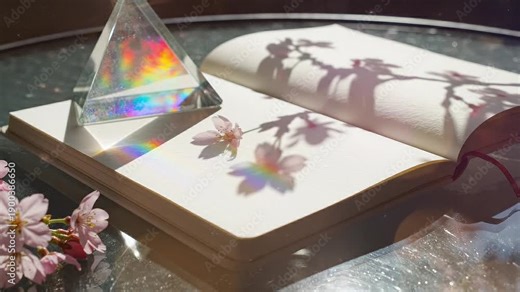 Prism refracts light onto open book with flower shadows.
