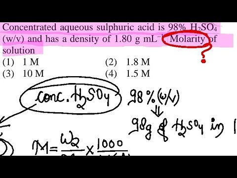 concentrated aqueous sulphuric acid is 98% H2SO4 (w/v) & has density 1.80g. Molarity ?