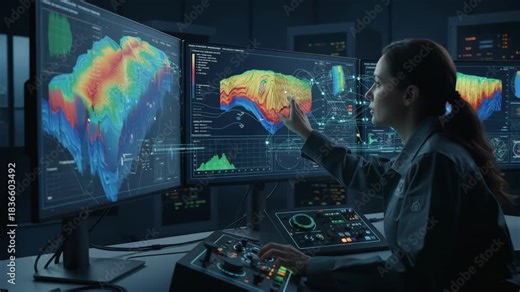Medium shot showing a technician monitoring geophysical data processed by AI algorithms to improve accuracy in underground resource detection.