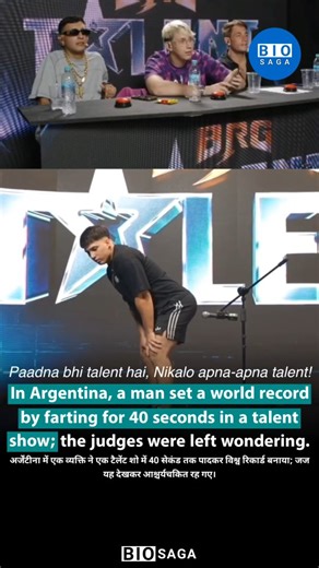 BIO Saga on Instagram: "🤣😄🤭 In Argentina, a man stunned everyone by setting a world record for farting continuously for an astonishing 40 seconds during a talent show, leaving the judges shocked, suffocated, and desperately wondering where on earth they had gotten stuck that day. People around the globe keep pulling off the strangest feats, and this guy is the perfect example—he unleashed a relentless barrage of gas for those full 40 seconds to claim his bizarre title of glory! Here, even a s