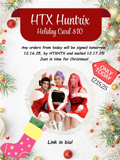 HTX Huntr/x on Instagram: "We’re feeling Merry and Golden✨ - Still need a small Christmas gift or stocking stuffer? Look no further because now you can have a HTX Huntrix Holiday Card!!!🫰🏽 - GET YOURS TODAY AND tomorrow we will sign it on IG live at 7:00 PM CST! HTX Huntrix will be in our best holiday outfits, answering questions, jamming to music, AND announcing winners for our giveaway!✨ - - #holidays #holidaycard #merrychristmas #christmasgift #stockingstuffer #christmascard #huntrixcosplay