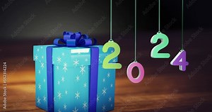 Animation of 2024 text and christmas present in background