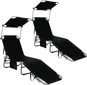 GYMAX Beach Chair with Canopy Shade, Folding Tanning Lounge with Adjustable Backrest, Carry Handle & Side Pocket, Sunbathing Chair for Outside, Patio, Poolside, Lawn (2, Black)