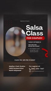 💃❤️ Salsa Class for Couples! ❤️💃 🎶 Calling all couples! Join us for a romantic and exhilarating salsa dance class for beginners, taught exclusively for couples by the renowned instructor, Alex Sol! 📅 Day: Tuesday September 24th 🕢 Time: 8PM-9PM 📍 Where: 10852 Burbank Blvd. North Hollywood, CA 91601 🌟 What to Expect: * Learn the fundamentals of salsa dancing while connecting with your partner * Fun and interactive lessons designed specifically for couples * Build confidence and rhythm toget
