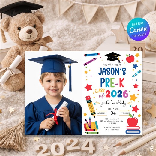 Pre-k Graduation Invitation, Prek Announcement Invite, Preschool Graduation Invite, Canva Editable Template Class of 2026 Preschool Grad Kid - Etsy