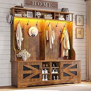 Itaar Hall Tree with Bench and Shoe Storage, 5-in-1 Entryway Bench with Coat Rack, 16 Shoe Cubbies & 12 Coat Hooks, Barn Door & Adjustable Shelf (Rustic Brown)