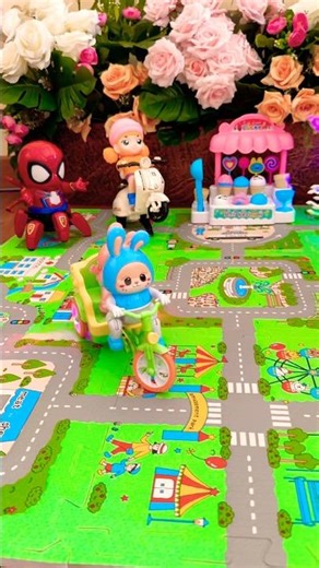 Fun blue rabbit riding a cute cart bike around