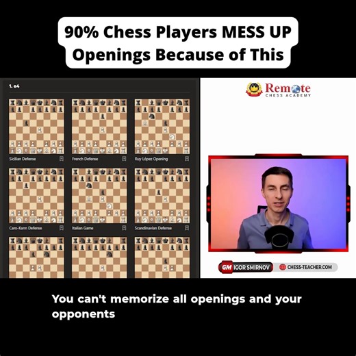 👉 NEW Video Out! You’ll discover how to: Understand the real goal of the opening Avoid unnecessary and slow moves Adapt confidently to unfamiliar positions Play strong openings without memorization Master these principles—and every opening becomes playable. #chess #chesslessons #chesslife | Remote Chess Academy