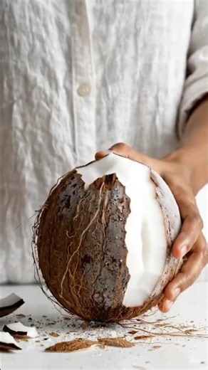 Satisfied Peel fresh frozen coconut Sharp knife makes relaxing ASMR sounds