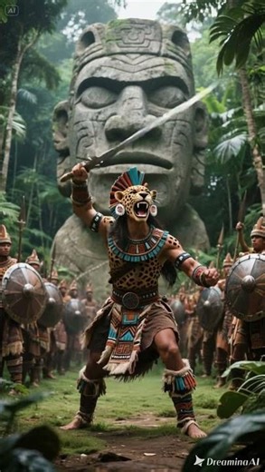 Aztec jaguar warrior and olmec stone head