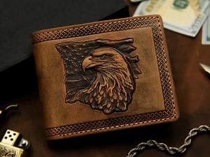USA Flag Leather Wallet With Eagle, Personalized Bifold, RFID Protected, Vintage Rugged Patriotic Gift. - Etsy