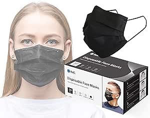 Reli. Black Face Mask (50 Masks) Disposable Black Mask, 3 PLY Protection with Filter Layer - Breathable, Elastic Ear Loop Mask - Face Protection, 50 Pack Pcs (Black)