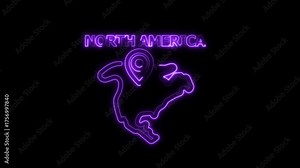 Purple neon outline of North America continent with a map pin marker and text geography location