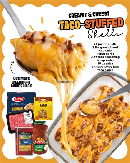 TACO-STUFFED SHELLS 🌮 fun twist on taco night! INGREDIENTS ⬇️ 24 jumbo shells 2 lbs ground beef 1 cup sweet onion (chopped) 1 tbsp minced garlic 2 oz taco seasoning ¾ cup water 16 oz mild salsa 2½ cups shredded Colby Jack cheese Taco sauce (for topping) 🖨️ SAVE this RECIPE for LATER!! | TASTY Homemade Recipes
