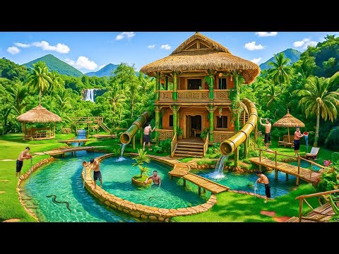 60 Days Building a Bamboo House with Underground Almond-Shaped Pools Using Primitive Tools