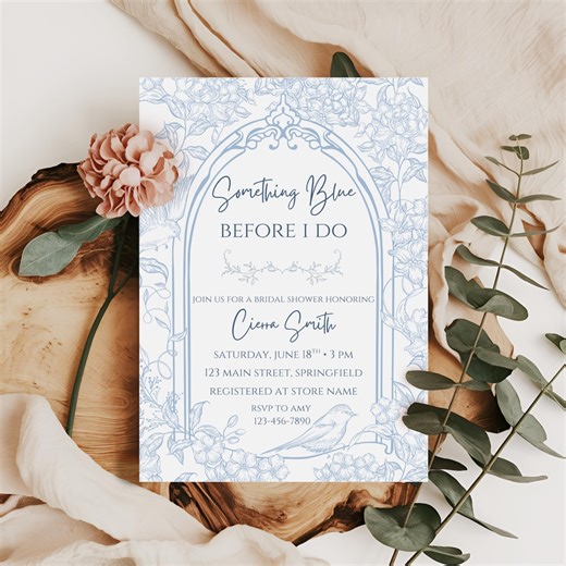Something Blue Before I Do Invitations Template, Dusty Blue Toile De Jouy Chinoiserie Something Blue Bridal Shower Invites - Etsy