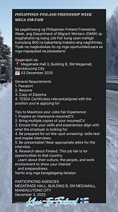 Basahin po ng maigi at pauli-ulit para maintindihan..🙏 Ako po ay hindi affiliated sa kahit sino o kahit kaninong agency. Wag po sa akin mag-apply 𝑷𝑯𝑰𝑳𝑰𝑷𝑷𝑰𝑵𝑬𝑺-𝑭𝑰𝑵𝑳𝑨𝑵𝑫 𝑭𝑹𝑰𝑬𝑵𝑫𝑺𝑯𝑰𝑷 𝑾𝑬𝑬𝑲 𝑴𝑬𝑮𝑨 𝑱𝑶𝑩 𝑭𝑨𝑰𝑹 Sa pagdiriwang ng Philippines-Finland Friendship Week, ang Department of Migrant Workers (DMW) ay maghahatid ng isang Job Fair kung saan mahigit kumulang 800 na bakanteng trabaho ang naghihintay. Tiyak na magbubukas ito ng mga oportunidad para sa mga mapapalad