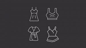 Animated female night wear white icons. Underwear line animation library. Woman nightwear. Robe, nightdress. Isolated illustrations on dark background. Transition alpha. HD video. Icon pack