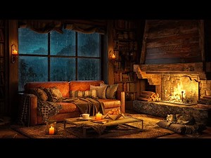 Cozy Cabin Ambience with Soft Jazz Music 🌧️ Heavy Rain, Fireplace Sounds to Relax & Sleep 4K